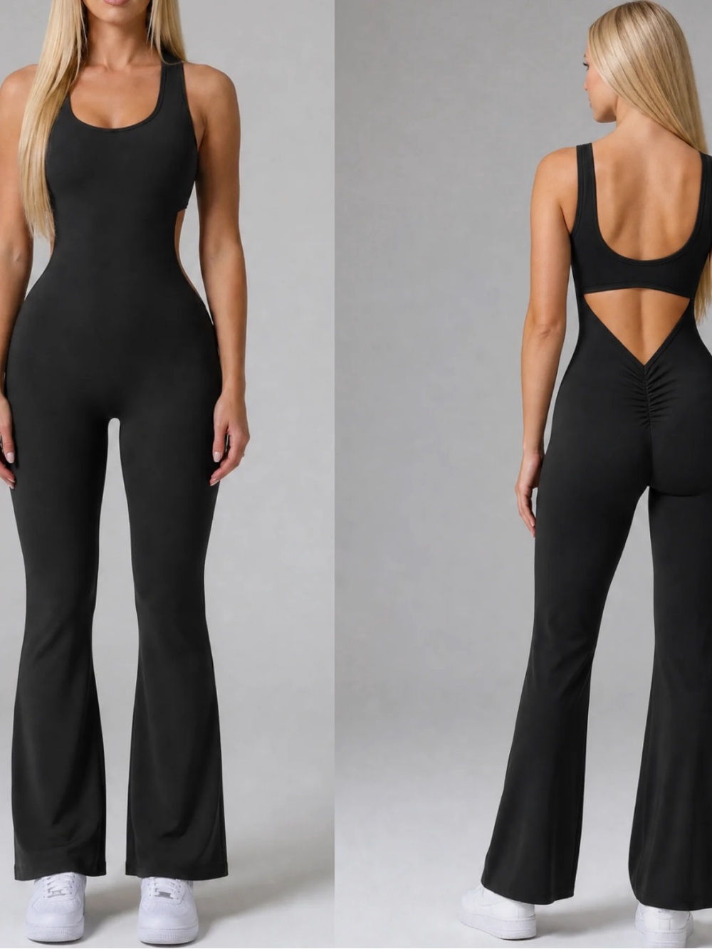 Black V Cutout Ruched Flare leg Jumpsuit Size M